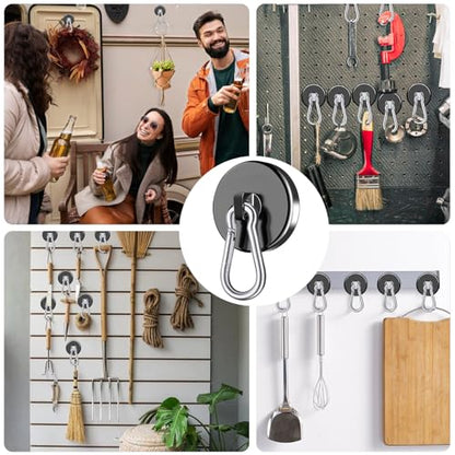 Carabiner Magnetic Hooks, 110LBS Strong Magnets, Black, 12 Pack | Magnetic Hooks Heavy Duty with Swivel Carabiner Hook, Great for Hanging for Cruise, Garage, Kitchen, Refrigerator, Locker
