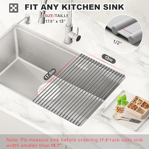Roll Up Dish Drying Rack, Over The Sink Dish Rack Foldable, Heat-Resistant, Anti-Slip Silicone Coated Steel Dish Drainer for Kitchen Sink, Multipurpose Roll Up Sink Drying Rack, 17.5" x 13"