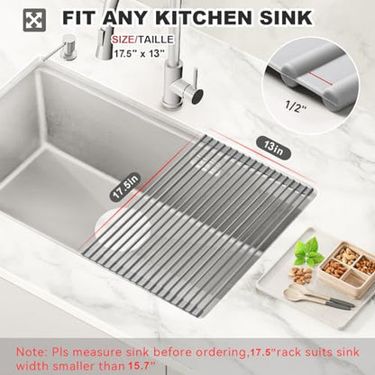 Roll Up Dish Drying Rack, Over The Sink Dish Rack Foldable, Heat-Resistant, Anti-Slip Silicone Coated Steel Dish Drainer for Kitchen Sink, Multipurpose Roll Up Sink Drying Rack, 17.5" x 13"