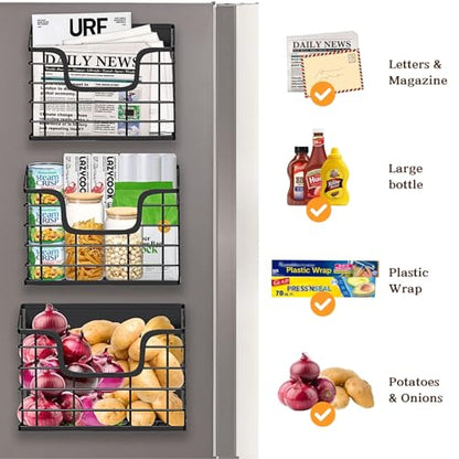 Magnetic Shelf for Fridge, 3 Pack Metal Fridge Organizer Baskets, Magnetic Cup Holder for Refrigerator, Fruit & Snack Storage, Magnetic Bin for Potatoes, Letters, Magazines, Kitchen & Laundry Room