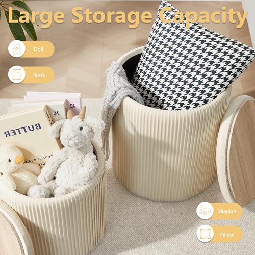 Round Ottoman with Storage Set of 2, Storage Vanity Stool | Velvet Upholstered Round Storage Ottoman, Ottoman Coffee Table, Small Foot Stool for Living Room & Bedroom, Beige
