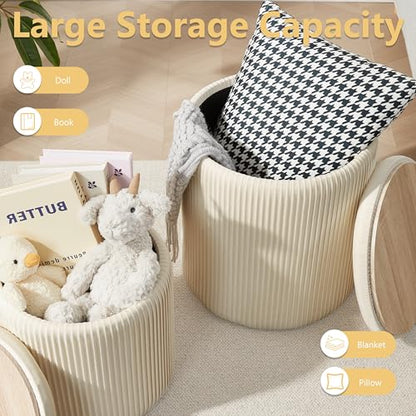 Round Ottoman with Storage Set of 2, Storage Vanity Stool | Velvet Upholstered Round Storage Ottoman, Ottoman Coffee Table, Small Foot Stool for Living Room & Bedroom, Beige