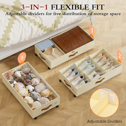 Yecaye Under Bed Storage with Wheels, 2 Pack Under Bed Storage Containers with Adjustable Dividers & Clear Lid, Rolling Underbed Organizer Bins Drawer for Clothes, Shoes, Blankets(30.3 x 16 x 6.7in)