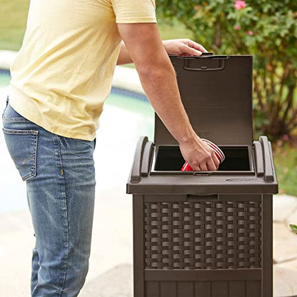Suncast 33 Gallon Commercial Outdoor Trashcan Hideaway with Lid for 30 to 33 Gallon Trash Bags for Garage, Backyard, or Garden, Brown