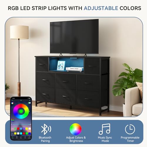 DUMOS LED TV Stand Dresser with Charging Station, Entertainment Center | Media Console for 45-55 inch TV, 8 Fabric Drawers, Open Shelf, Wooden Top, Living Room, Bedroom, Hallway, Black