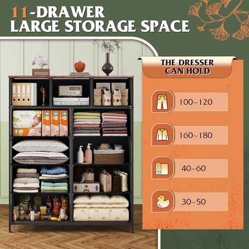 WLIVE Tall Dresser for Bedroom, 11 Drawer Chest of Drawers, Floral | 11 fabric storage drawers, Tall high-capacity design, Bedroom or dorm use, Sturdy steel frame, Smooth wood tabletop