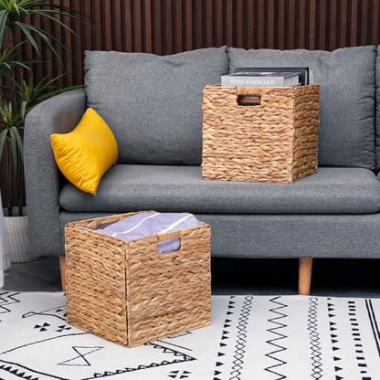 12x12x12 Inch Wicker Storage Basket Set of 2 Foldable Hyacinth Storage Box | Handmade Woven Basket for Closet,Shelf Organization & Decor - Natural