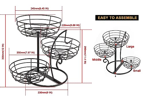 Fruit Basket Bowl with Banana Hanger, Fruit Vegetable Storage Basket with Banana Tree Holder for Kitchen Counter, Detachable Organizer for Bread Snack Produce (Black, 3-Tier Metal Base)