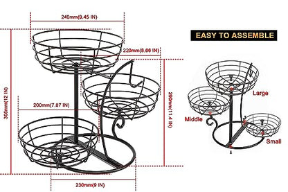 Fruit Basket Bowl with Banana Hanger, Fruit Vegetable Storage Basket with Banana Tree Holder for Kitchen Counter, Detachable Organizer for Bread Snack Produce (Black, 3-Tier Metal Base)