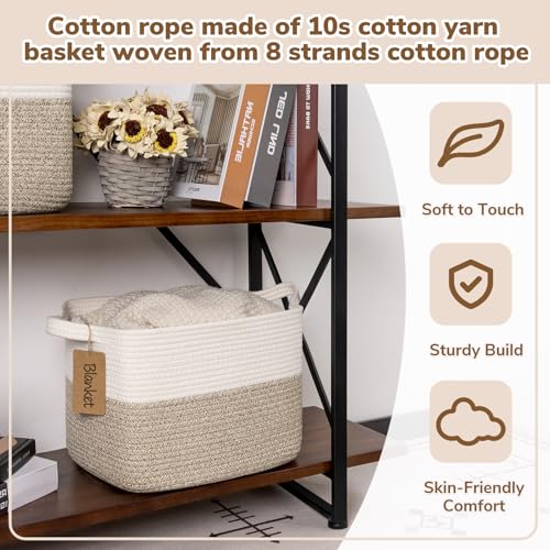 Goodpick Woven Rope Storage Basket for Shelves, Rectangle, Light Brown | 13" × 10" × 9" Stylish Gift Basket for Home Organization, Fits Dog Toys, Books & Nursery Essentials Storage, Writable Label