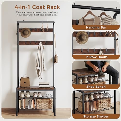 NEWBULIG Coat Rack, Hall Tree with Shoe Bench, 4-in-1 Entryway Organizer with 10 Hooks and Storage Shelf, Rustic Wood Entryway Bench for Mudroom, Living Room, Bedroom, Brown