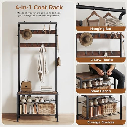 NEWBULIG Coat Rack, Hall Tree with Shoe Bench, 4-in-1 Entryway Organizer with 10 Hooks and Storage Shelf, Rustic Wood Entryway Bench for Mudroom, Living Room, Bedroom, Brown