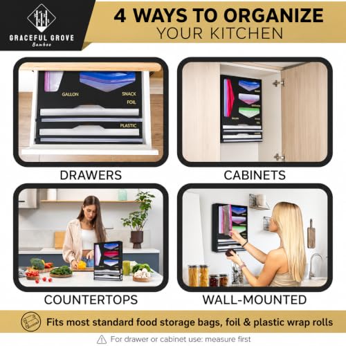 6-in-1 Bamboo Food Storage Bag Organizer for Drawer – Bag Organizer with Foil & Plastic Wrap Dispenser, Built-In Cutter, Holds Gallon Quart Sandwich Snack Bags, Black