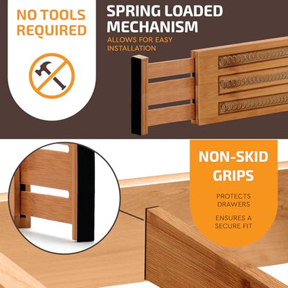 6-Pack Drawer Dividers 6-Inch High Dresser Drawer Organizer 11.5 to 17 Inch | Bamboo, Spring Loaded, No Tools Needed, for Clothes, Utensils, Socks and Deep Drawers in Bedroom, Bathroom, Kitchen, Office