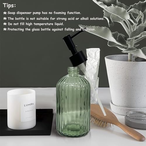 YYTSGG Green Glass Soap Dispenser Set with Black Pump, 13.5oz, 2 Pack | Refillable Liquid Hand Soap Dispenser, Lotion Dish Soap Dispenser for Modern Home Decor, Bathroom, Kitchen Countertop, Hotel