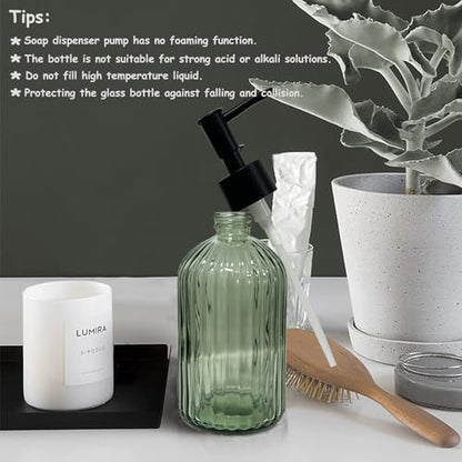 YYTSGG Green Glass Soap Dispenser Set with Black Pump, 13.5oz, 2 Pack | Refillable Liquid Hand Soap Dispenser, Lotion Dish Soap Dispenser for Modern Home Decor, Bathroom, Kitchen Countertop, Hotel