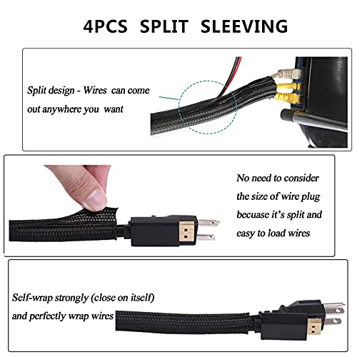 Cord Management Organizer Kit 4 Cable Sleeve split 192PCS Cable Management | 41Self Adhesive Cable Clips Holder, 10pcs and 2 Roll Self Adhesive tie ,100 Fastening Cable Ties, for TV Office Car Desk Home