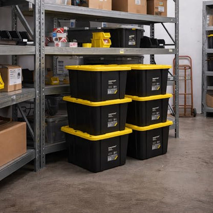 Heavy Duty Stackable Storage Container with Lid, 27 Gallon, 6-Pack | Weather-Resistant Organization Tote with Snap-Tight Lid, for Garage, Basement, Attic, Shed, Closet & Moving
