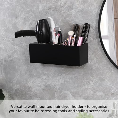 Hair Dryer Holder and Tool Organizer, Curling Iron Holder (Wood, Black) | Dryer Holder Organizer for Wall Mount or Countertop, Self-Adhesive Hooks, makeup brushes Storage, Multi-Compartment Design