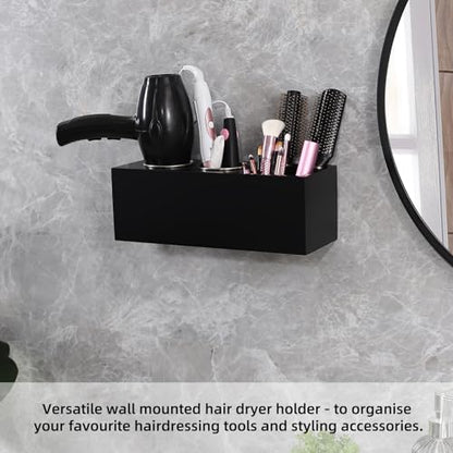 Hair Dryer Holder and Tool Organizer, Curling Iron Holder (Wood, Black) | Dryer Holder Organizer for Wall Mount or Countertop, Self-Adhesive Hooks, makeup brushes Storage, Multi-Compartment Design
