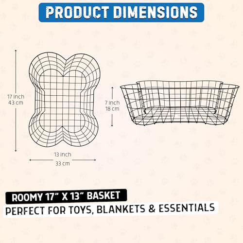 OtterPets Metal Dog Toy Basket Bone Shaped Indestructible Dog Toy Bin 17x13 | 17" long, 13" wide, 7" tall, metal wire dog storage organizer, dog toy bin, dog toy box, pet toy basket, dog toy storage
