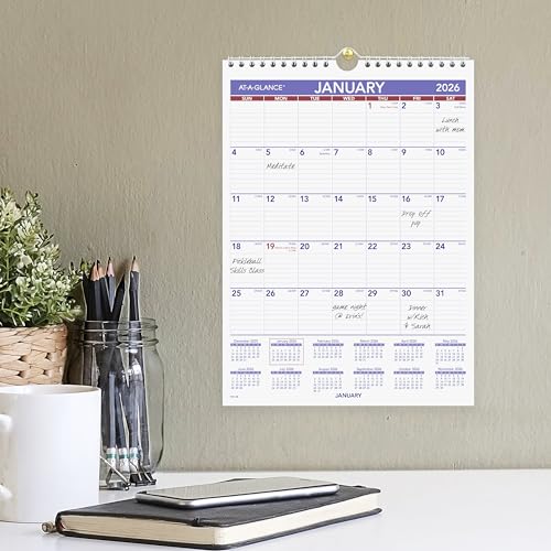 AT-A-GLANCE 2026 Wall Calendar, 8" x 11", Small, Ruled Blocks (PM12826)