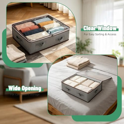6 Pack Under Bed Storage Containers with Transparent Clear Window | Underbed Storage Bins with Reinforced Handles, Dual-Zipper for Clothes, Comforters, Blankets and Bedding, Gray
