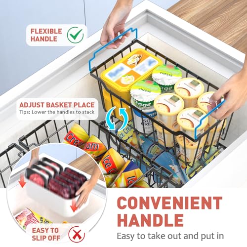 Freezer Organizer Bins for 3.5-7 Cu.FT Chest Freezer, 4 Pack Black | Foldable Handle Stackable Freezer Baskets, Coated Metal Freezer Storage Bins with Better Space Utilization, Deep Organization