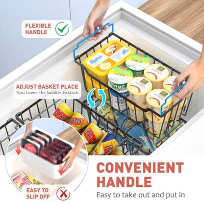 Freezer Organizer Bins for 3.5-7 Cu.FT Chest Freezer, 4 Pack Black | Foldable Handle Stackable Freezer Baskets, Coated Metal Freezer Storage Bins with Better Space Utilization, Deep Organization