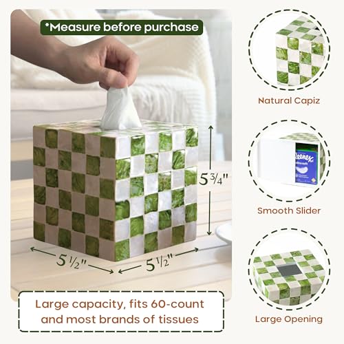 5.5" Capiz Checkered Square Tissue Box Cover, Pistachio Green | Handmade Decorative Tissue Holder With Capiz Shell Inlay, Cute Green Tissue Box Cover For Kleenex For Bathroom, Coffee Table
