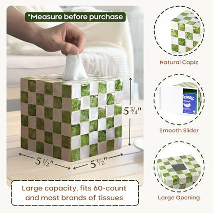 5.5" Capiz Checkered Square Tissue Box Cover, Pistachio Green | Handmade Decorative Tissue Holder With Capiz Shell Inlay, Cute Green Tissue Box Cover For Kleenex For Bathroom, Coffee Table