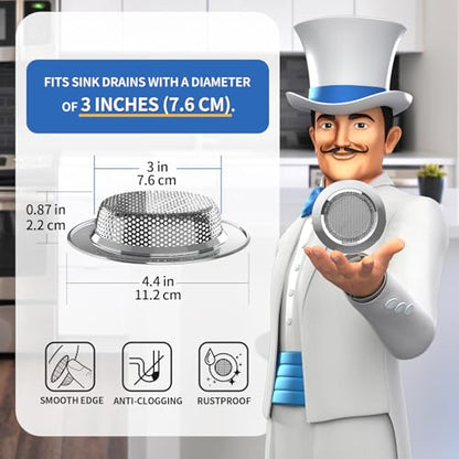 MR.SIGA Kitchen Sink Strainer, Stainless Steel Sink Drain Strainer, 3 Pack | Dishwasher safe sink strainer, outer diameter 4.4 inch/11.2cm, inner diameter 3 inch/7.6cm