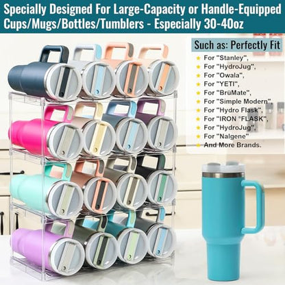Acrylic Water Bottle Organizer, Hold Stanley 40 OZ Cup & Large Bottles & Tumblers w/Handle - Stackable Clear Bottle Holder Rack for Home Kitchen Pantry Shelf Countertop Cabinet, 4 Tier Hold 16
