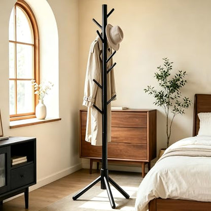 Wooden Coat Rack Freestanding with 8 Hooks & 3 Adjustable Sizes for Clothes, Space-Saving Design for Bedroom Office Entrance Holds Hats Coats Scarves Bags