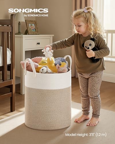 SONGMICS Laundry Hamper, Cotton Rope Laundry Basket with Handles, for Children, Toys, Clothing, Living Room, Bedroom, 15.8 Gallons, 13.8 x 13.8 x 19.7 Inches, White and Grayish Brown URLH061LZ01