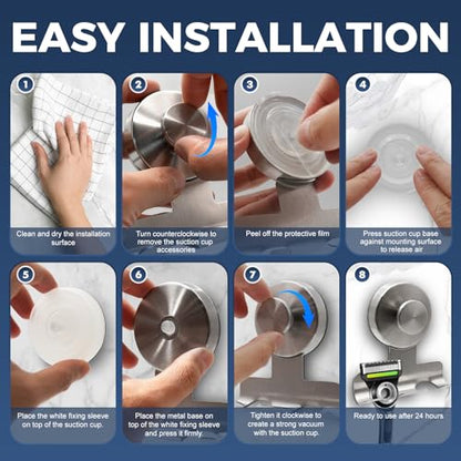 Suction Cup Razor Holder for Shower,Heavy-Duty 7KG Suction Hooks for Razor,Towel,Loofah,Removable Damage-Free Metal Shower Hook,Shaver Holder,2 Pack(Brushed Silver)