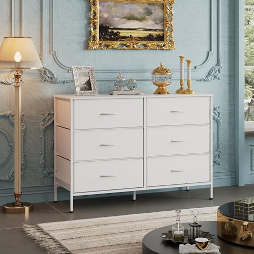 WLIVE Dresser for Bedroom with 6 Fabric Drawers, White | Closet Dresser, Metal Frame, Wooden Top, Fabric Dresser for Closet, Living Room, Hallway