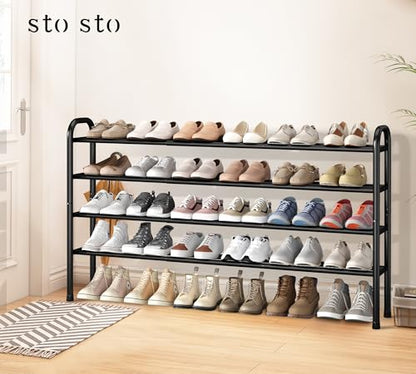 STO STO Long Expandable Shoe Rack 4-Tier, Adjustable Length 33.7”–47.5” Shoe Organizer, Metal Shoes Storage Shelf, Holds Up to 30 Pairs, Non-Slip Feet, for Closet, Entryway, Hallway, Front Door, Black