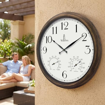 Large Outdoor Clocks for Patio Waterproof with Thermometer Combo, 18 Inch | Weatherproof Bronze Indoor Outdoor Wall Clock, Temperature and Humidity, Accurate, Easy to Read for Pool, Garden, Home Decor
