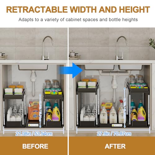 NIUXX Expandable Under Sink Organizer: 2 Tier Height Adjustable | Under Cabinet Organizer - Double Pull Out Shelf Under Sink Storage for Kitchen - Bathroom and Laundry Room - Space Saving
