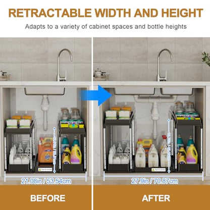 NIUXX Expandable Under Sink Organizer: 2 Tier Height Adjustable | Under Cabinet Organizer - Double Pull Out Shelf Under Sink Storage for Kitchen - Bathroom and Laundry Room - Space Saving