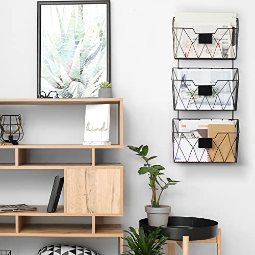 YBING Wall File Organizer, Hanging File Holder & Basket Set of 3, Black | Hanging File Rack with Hooks, Mail Organizer, Metal Wall Storage for Office Living Room School Classroom Home