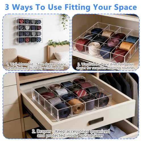 2 Pack Tie Box Organizer Wall Mounted Tie Rack Clear Acrylic with 16 Compartments, Tie Holder for Drawer Tie Organizer for Men Belt Scarf Necktie Storage for Closet and Home