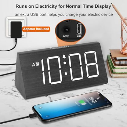 DreamSky Wooden Digital Alarm Clock for Bedroom Living Room, Large Numbers | Electric Desk Clock with USB Port, Loud Alarm for Heavy Sleepers, Adjustable Volume, Dimmer, DST, Wood Décor Gifts (Plug-in)