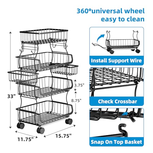 Simple Trending Stackable Cart, Fruit Vegetable Basket with Wheels, 4 Tier | Rolling Cart with 2 Hanging Baskets, Kitchen Storage Metal Wire Basket Stand for Vegetable Snacks, Black