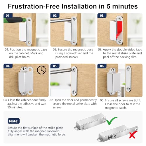 Strong Cabinet Magnets for Closure 40 lbs 4 Pack - Hold Warped Doors Tight | Magnetic Door Catches/Latches Stainless Steel for Cupboard Closet Drawer Window - No Measure or Mark Install in 5 Mins