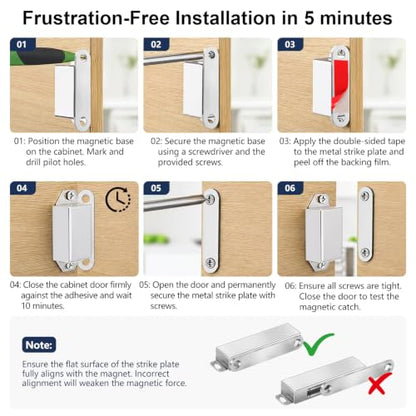 Strong Cabinet Magnets for Closure 40 lbs 4 Pack - Hold Warped Doors Tight | Magnetic Door Catches/Latches Stainless Steel for Cupboard Closet Drawer Window - No Measure or Mark Install in 5 Mins