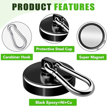 Carabiner Magnetic Hooks, 110LBS Strong Magnets, Black, 12 Pack | Magnetic Hooks Heavy Duty with Swivel Carabiner Hook, Great for Hanging for Cruise, Garage, Kitchen, Refrigerator, Locker