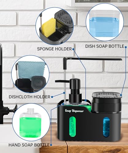 Hand Soap and Dish Soap Dispenser Set for Kitchen, Dual Soap Dispenser with Sponge Holder and Dishcloth Holder 4-in-1 Organizer for Kitchen Sink Countertop, Useful Kitchen Gadgets (Black)