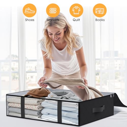 Under Bed Storage Bins, 3-Pack 40L Foldable Fabric Storage Bags with Transparent Window, Breathable Organizer for Clothes/Blanket/Comforter/Quiltr, Black